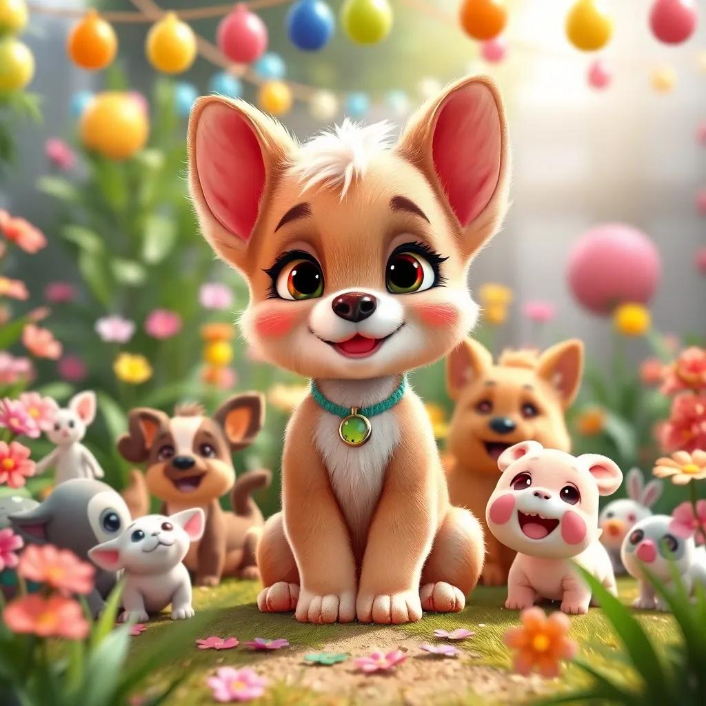 Lila, a cute little puppy, with soft fur and big ears, surrounded by her friends in the garden, all happy and playing together, colorful decorations everywhere, joyful scene, high quality, heartwarming