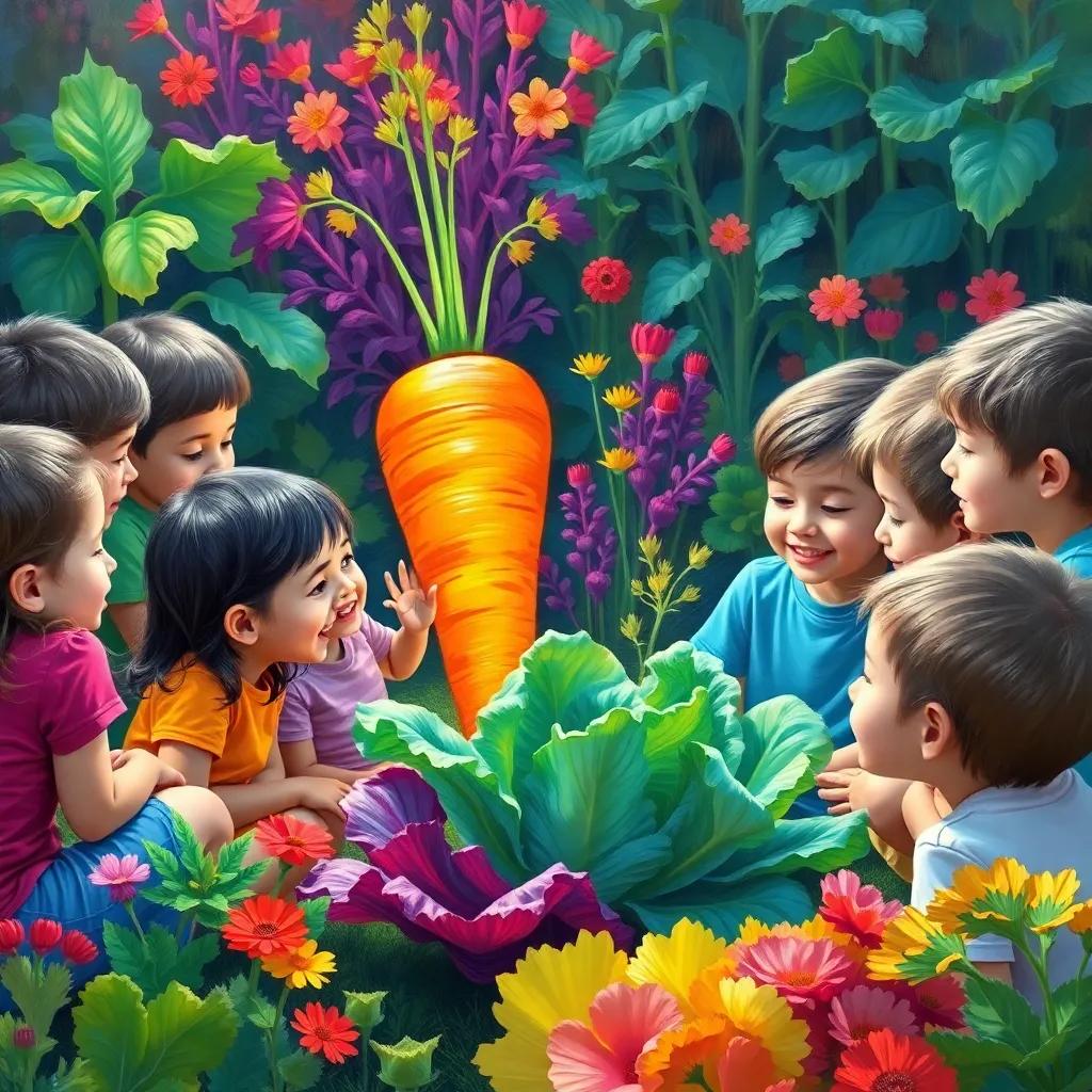 A group of children happily gathered around the colorful magical garden, listening to the carrot, beet, and lettuce as they share stories about their colors and nutrients, digital painting, bright and cheerful, engaging perspective, high quality