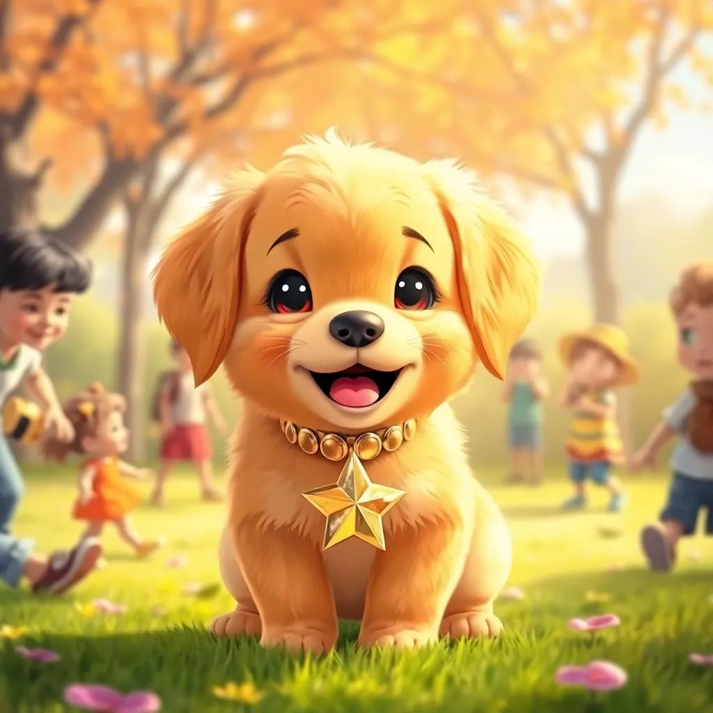 A cute golden puppy named Luna, in a sunny park surrounded by children playing, with a shiny collar shaped like a star, joyful atmosphere, digital art, vibrant colors, cheerful