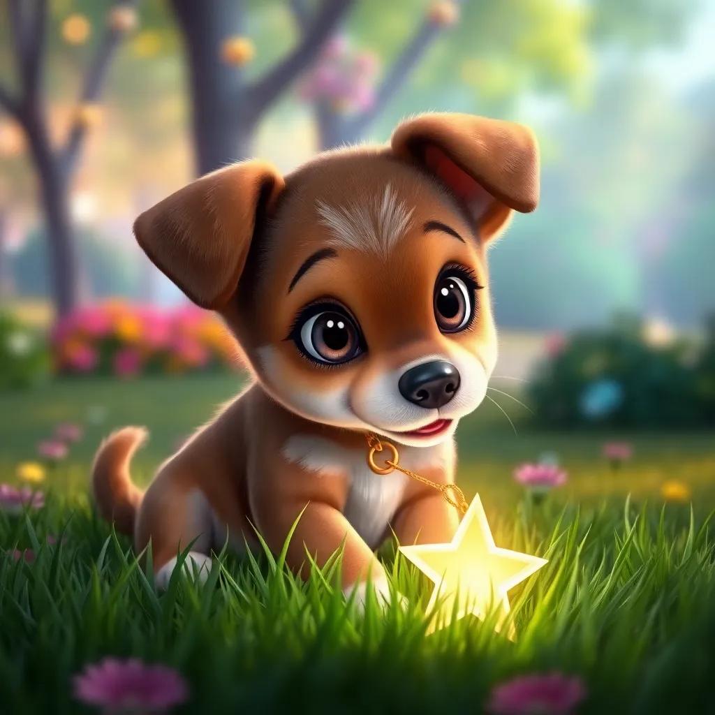 Luna the puppy finding a magical star-shaped necklace, glowing in the grass, her eyes wide with excitement, colorful park background, fantasy style, bright light