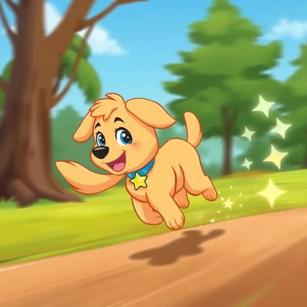 Luna, the golden puppy with a star collar, running super fast, leaving a trail of sparkles as she races past trees, energetic and fun, cartoonish style