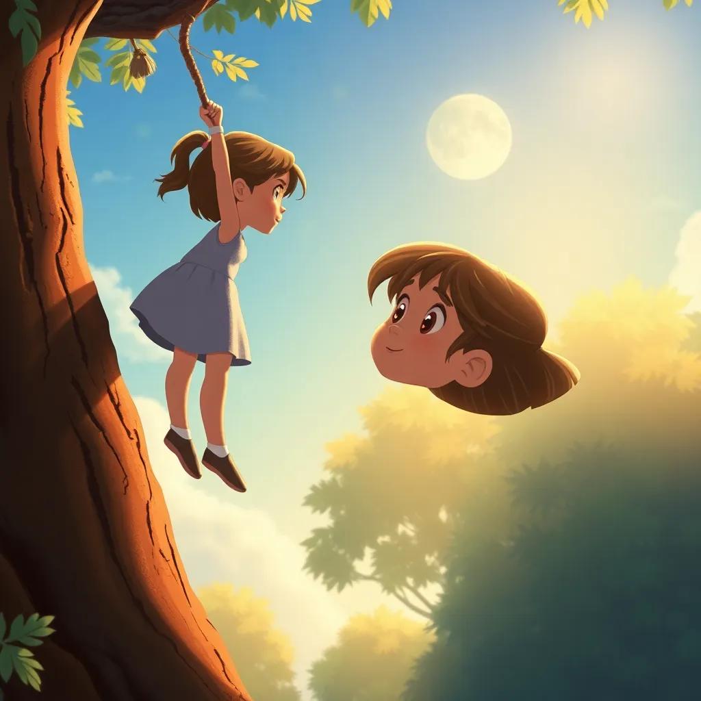A little girl stuck in a tree, looking down at Luna, who is jumping up to rescue her, with determination in her eyes, warm sunlight, heartfelt moment, illustration