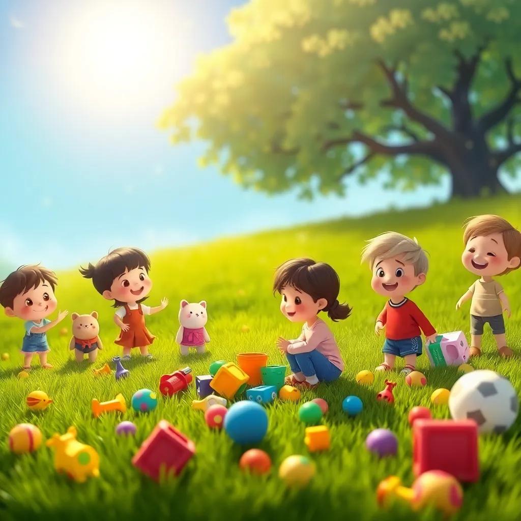 Luna helping children find lost toys, surrounded by happy kids, colorful toys scattered on the grass, bright and uplifting, animated style