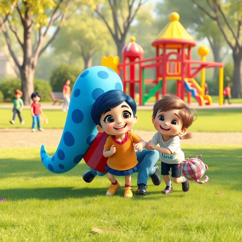 Luna and children playing together in the park, everyone smiling and having fun, with colorful playground in the background, happy vibe, cheerful art