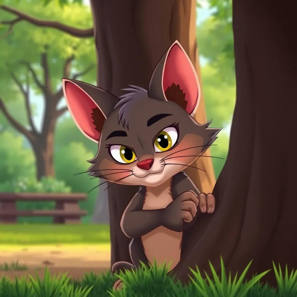 A mischievous cat named Rato, with a sly look, hiding behind a tree in the park, planning his next mischief, vibrant colors, cartoon style