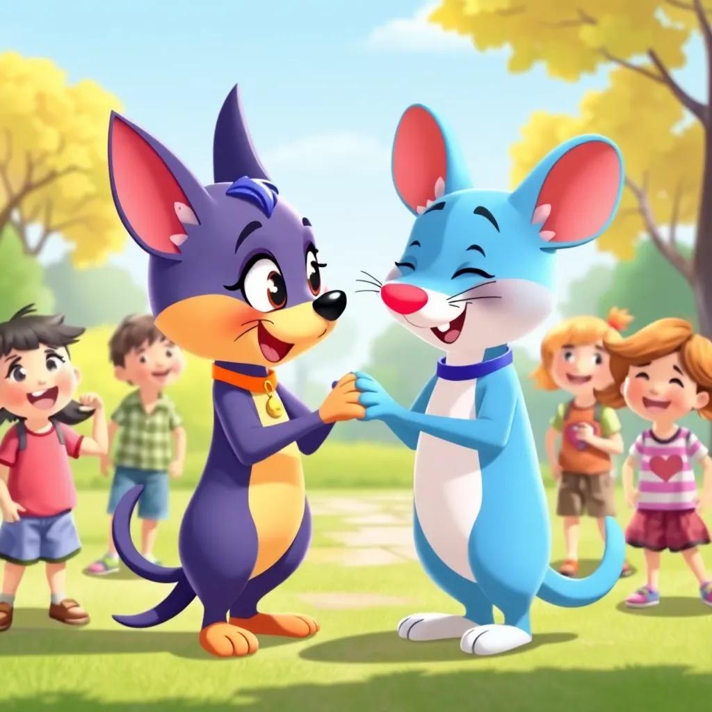 Luna and Rato shaking paws, with happy kids around them, sunny day in the park, bright colors, friendship theme, heartwarming illustration