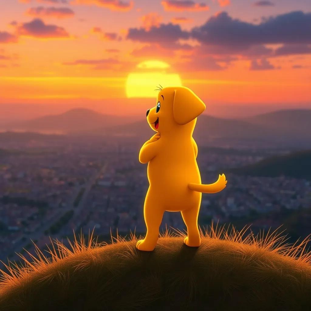 Luna, the golden puppy, standing heroically on a hill, looking over the city with a warm sunset, signifying hope and safety, uplifting art style