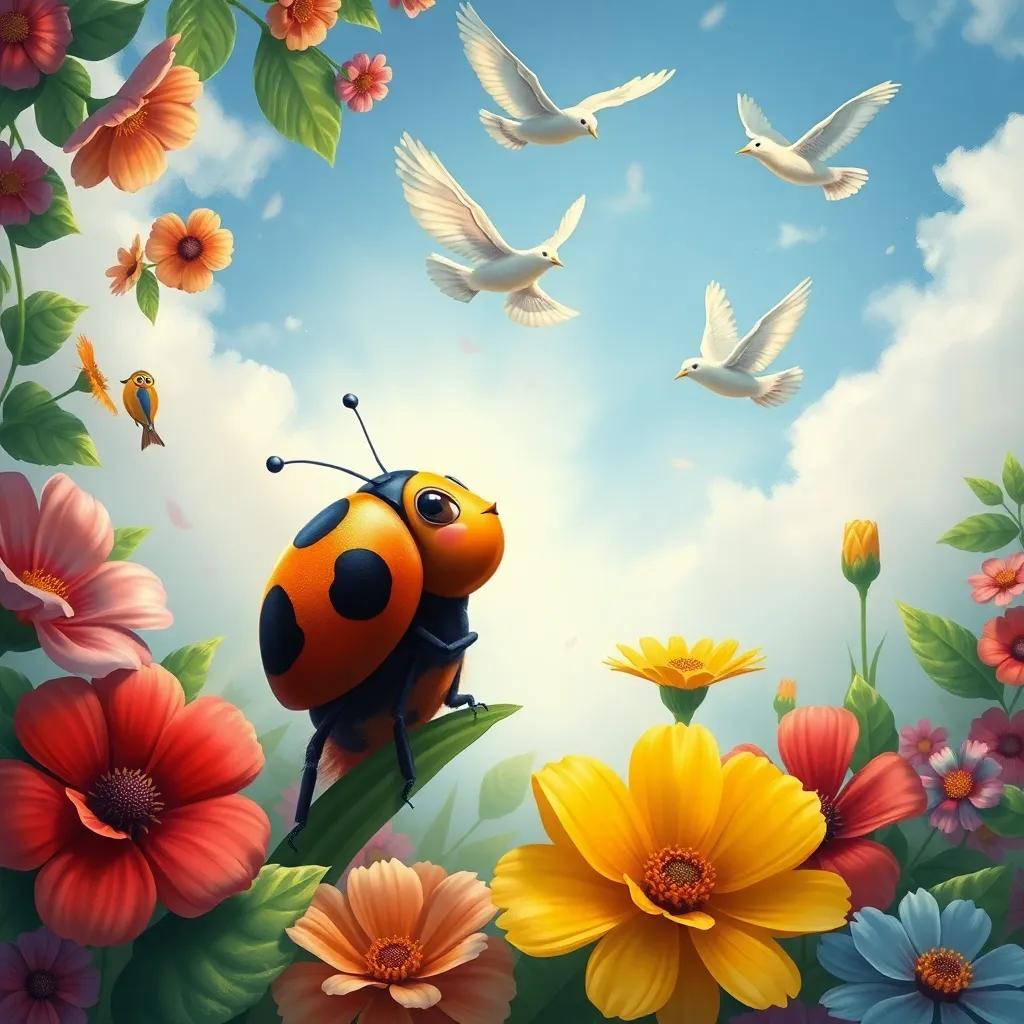 A ladybug named Lili, looking at birds in the sky with a dreamy expression, surrounded by colorful flowers and green leaves, digital art, vibrant colors, cheerful atmosphere, high quality