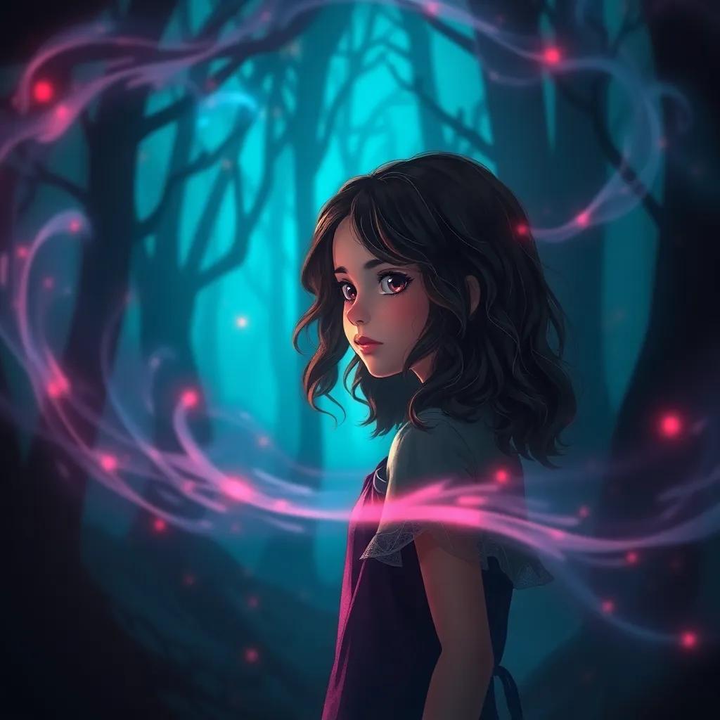 A young girl named Lua with wavy brown hair, surrounded by swirling shadows while standing in a dark forest, magical atmosphere, digital art, rich colors, mystical light, fantasy, high quality
