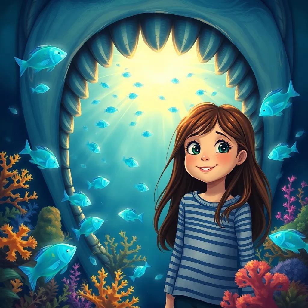 Mia, a curious girl with long brown hair and a striped shirt, inside the mouth of a giant whale, surrounded by glowing blue fish and colorful corals, magical underwater world, cheerful atmosphere, inviting light, detailed illustration