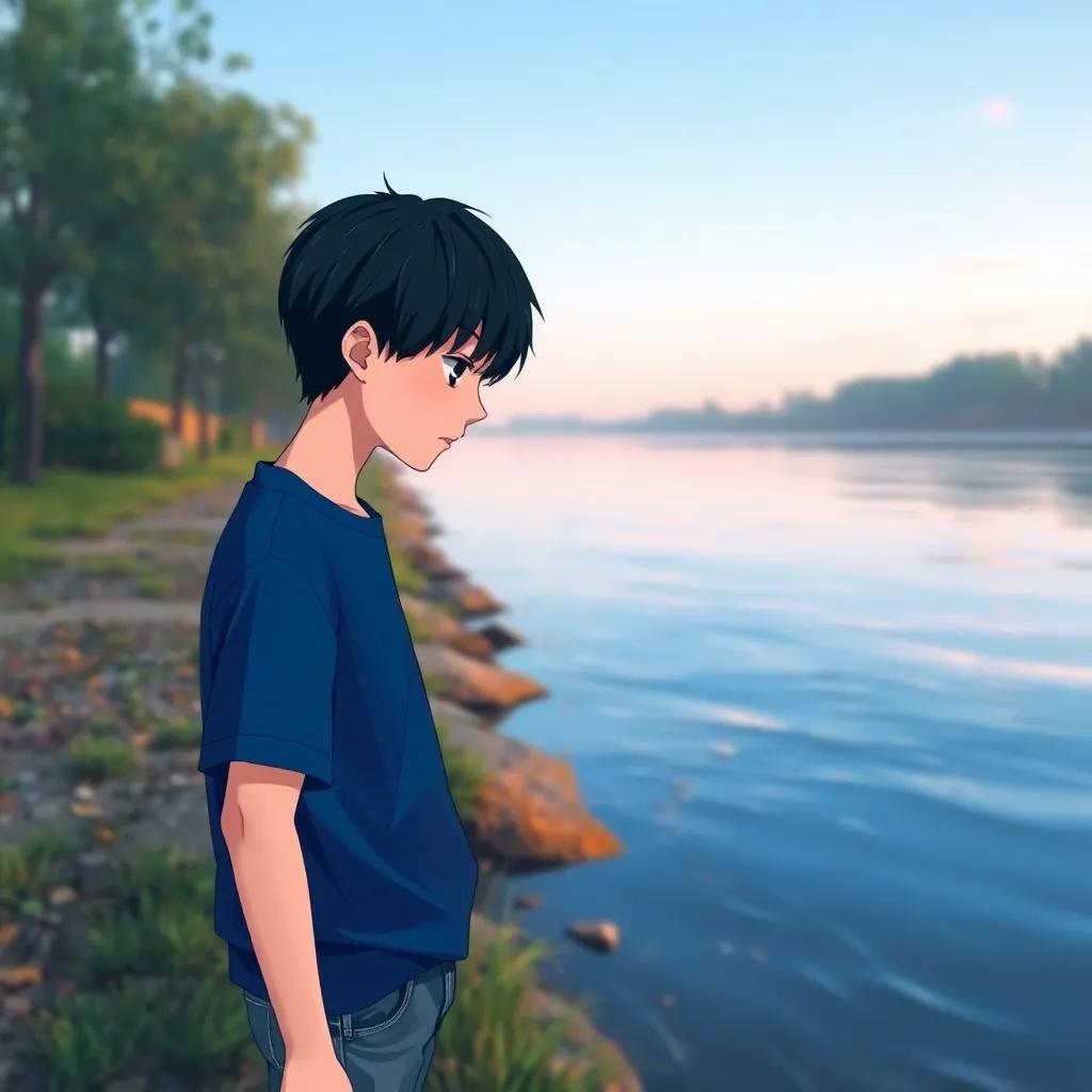 Shoya, a young Japanese boy with short black hair, wearing a blue t-shirt and jeans, standing by a serene riverside, looking pensive as the water flows gently beside him, digital art, calming atmosphere, soft colors, heartwarming perspective, capturing a moment of reflection