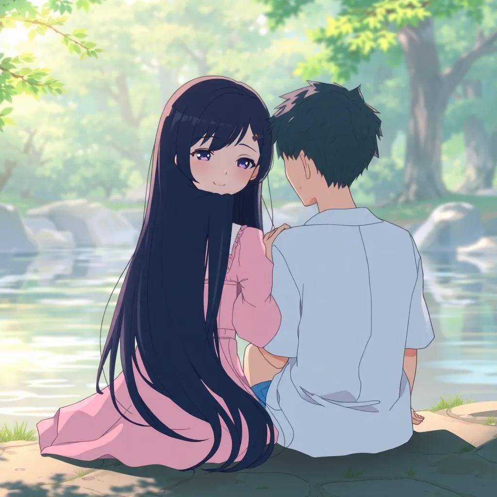 Shoko, a young Japanese girl with long flowing black hair, wearing a light pink dress, sitting next to Shoya by the riverside, with a gentle smile as she comforts him, sunlight filtering through trees, illustration, bright and hopeful imagery, friendly view, symbolizing friendship and support