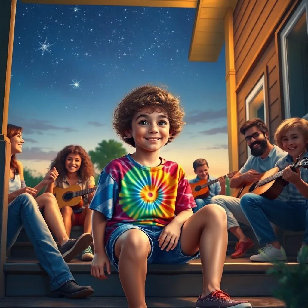A young Southern boy named Jack, around 10 years old, with curly brown hair wearing a colorful tie-dye shirt and denim shorts, sitting on a porch steps under a starry sky, surrounded by friends laughing and playing guitar, warm evening light, nostalgic atmosphere, vibrant colors, detailed digital art, high quality
