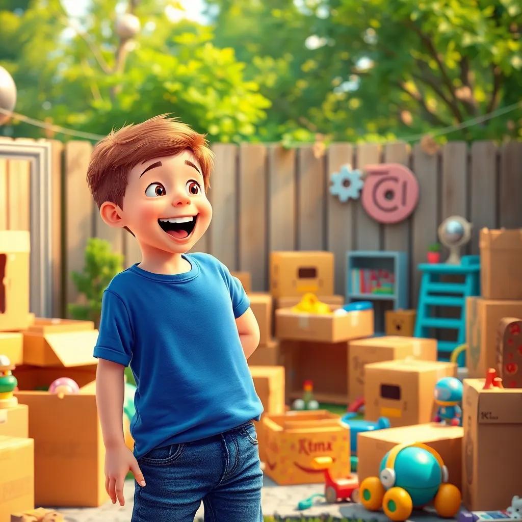 A young boy named Sam, with short brown hair, wearing a blue t-shirt and jeans, happily shouting his dream of being an astronaut in a backyard filled with cardboard boxes and toys, vibrant colors, cheerful atmosphere, digital art, playful, engaging
