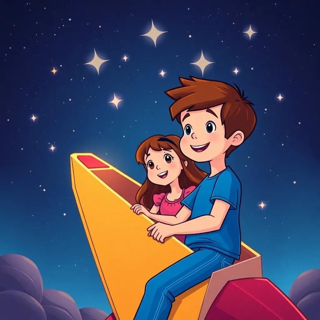 Sam, a young boy with short brown hair, in a blue t-shirt and jeans, inside a colorful cardboard rocket with his friend Mia, a girl with long brown hair wearing a pink dress, looking out of the rocket at a starry sky with shining stars, illustration, joyful, adventurous, child-friendly