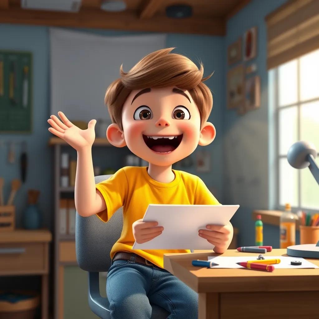 A young boy named Sam, with short brown hair wearing a bright yellow t-shirt and jeans, happily sitting at a desk with tools and a sketchpad, excited expression, digital art, cheerful colors, inviting atmosphere, high quality