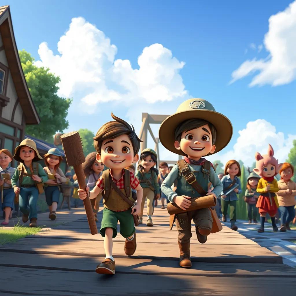 Sam and AI Buddy leading the townsfolk, carrying tools to fix the bridge, everyone working together with smiles on their faces under a clear blue sky, digital painting, uplifting atmosphere, community spirit