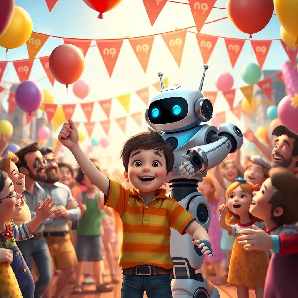 Sam, a young boy, with AI Buddy the robot, celebrating with townsfolk at a lively party, balloons and banners around, everyone dancing and smiling, vibrant colors, joyful mood, heartwarming scene