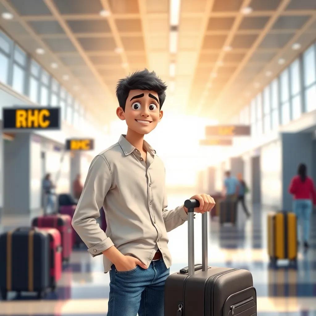 A young Arab man, Mohamed, with short dark hair, wearing a casual shirt and jeans, standing at an airport with a suitcase, looking excited and nervous, bright sunlight, colorful atmosphere, cheerful perspective, high quality