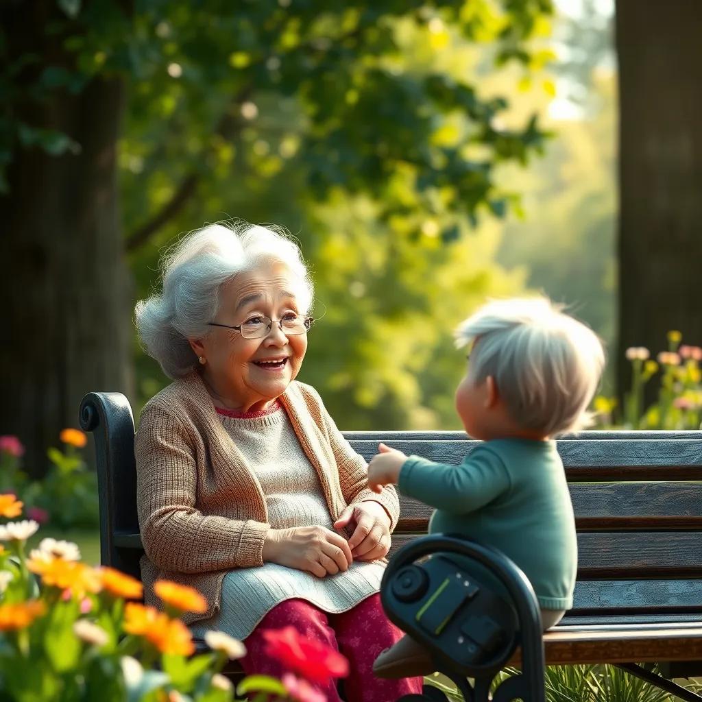 An elderly woman watching Sara play, with a warm smile on her face, sitting on a park bench, surrounded by lush greenery and flowers, heartwarming atmosphere, gentle light, natural colors, high quality
