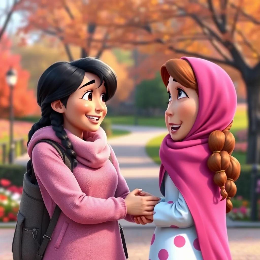 Sara talking to her mom with a big smile, hugging her after a lesson in kindness, the park in the background with colorful scenery, love and warmth in the air, bright colors, heartfelt moment, high quality