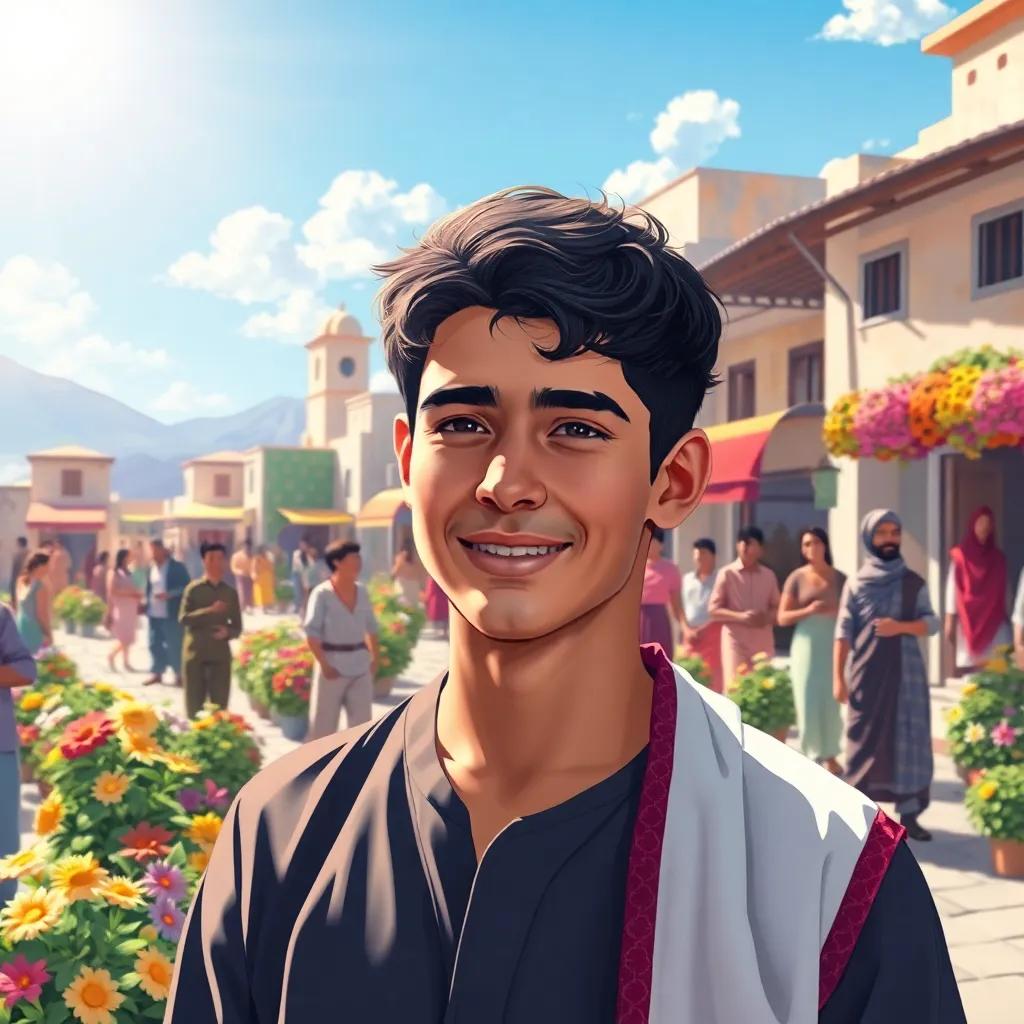 A young man, Tariq, with short dark hair, wearing traditional Palestinian clothing, standing in a vibrant village square filled with flowers and smiling villagers, under a bright sunny sky, digital painting, cheerful atmosphere, high resolution, detailed art