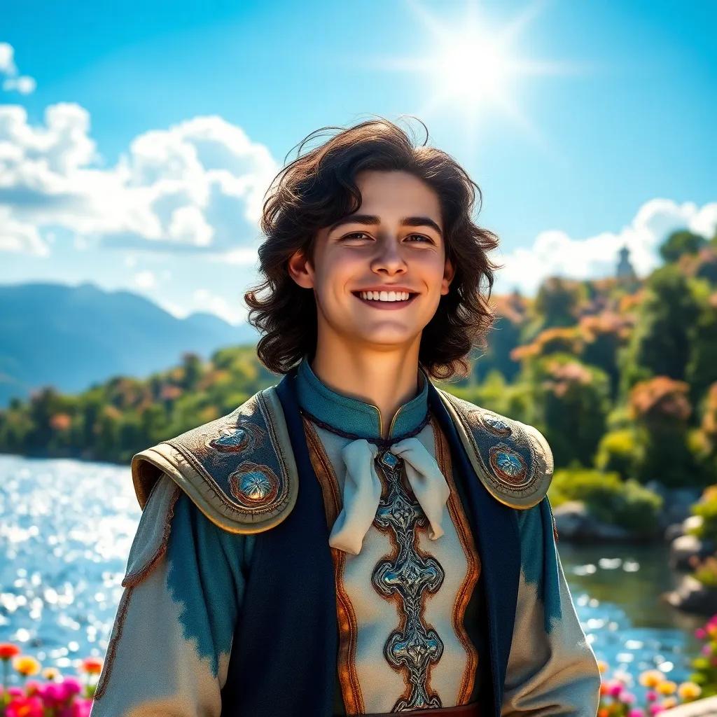 A handsome prince, Caspian, with dark hair and royal clothes, standing by a sparkling river under a bright blue sky, joyful expression, vibrant scenery, dreamy atmosphere, fantasy landscape, colorful flowers