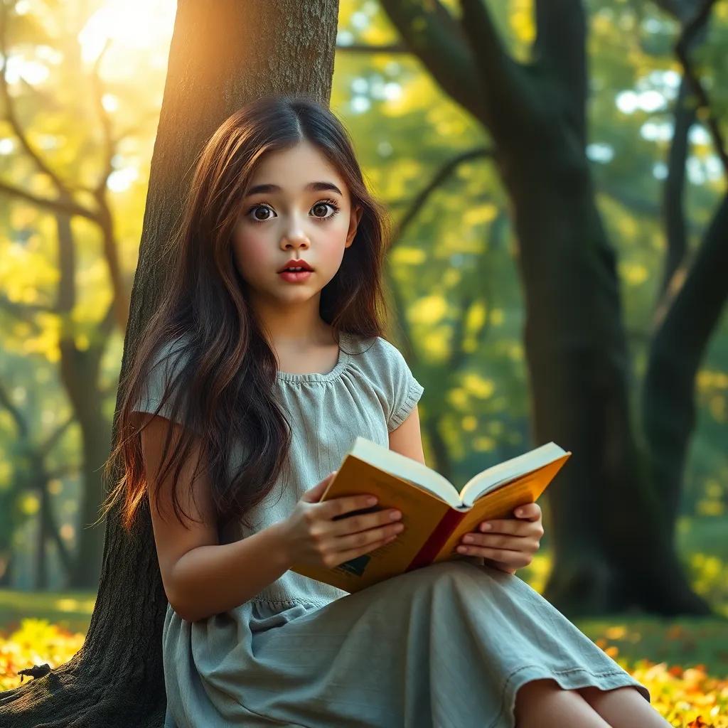 A lovely girl, Natalie Paul, with long brown hair and casual dress, sitting under a tree with a book, surprised expression, magical forest backdrop, warm light, enchanting ambiance, welcoming atmosphere