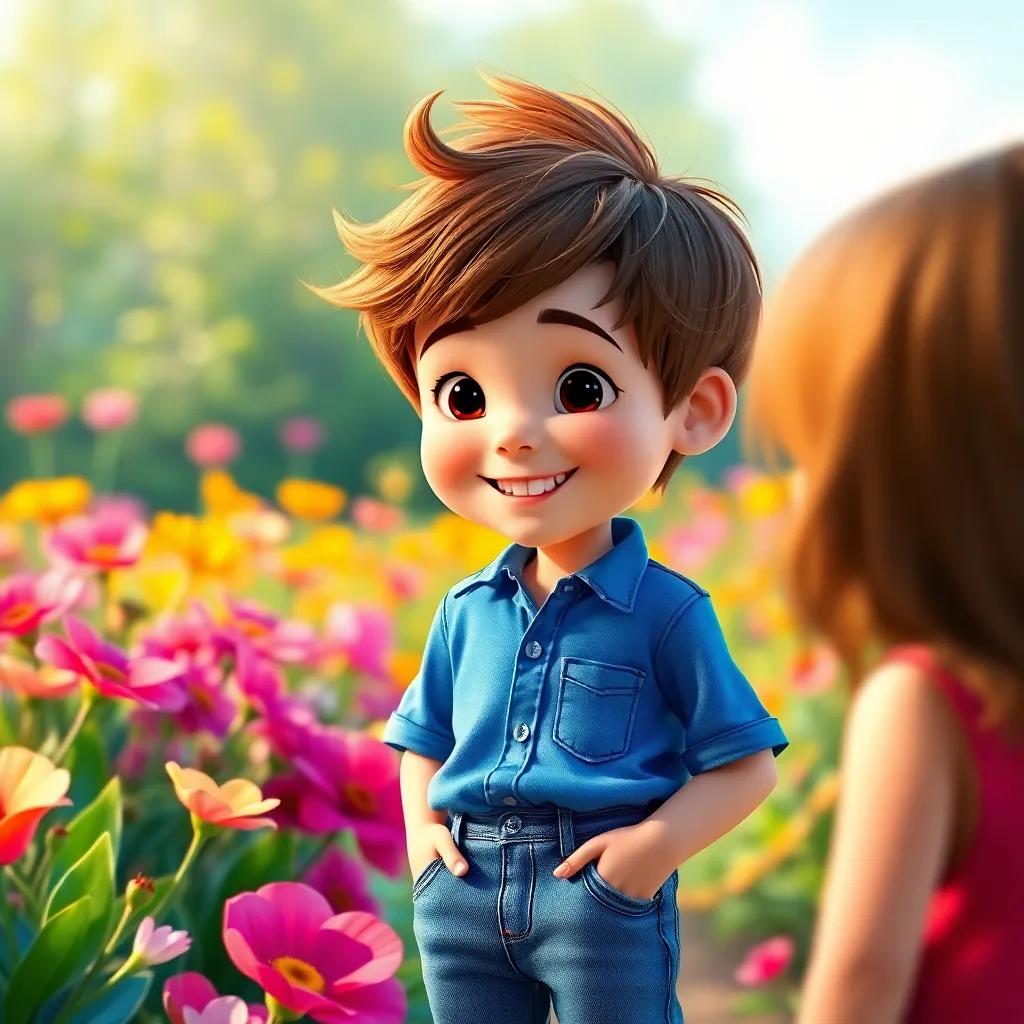 A young boy, Sam, with tousled brown hair wearing a bright blue shirt and jeans, standing in a flower garden, smiling brightly at a girl, digital art, vibrant colors, joyful atmosphere, high quality
