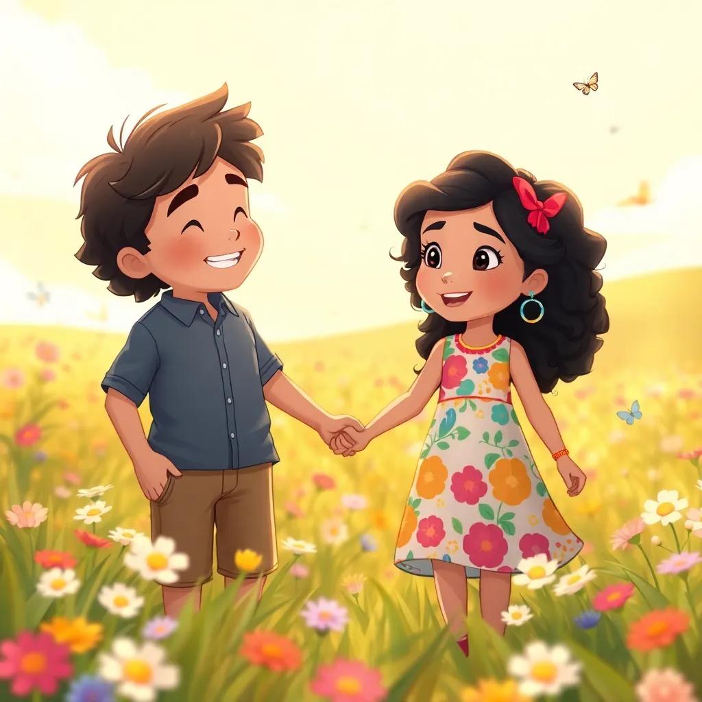 Mia, a young girl with curly black hair, wearing a colorful dress, holding hands with Sam in a sunny field, surrounded by flowers and butterflies, illustration, cheerful, warm light, child-friendly, high quality