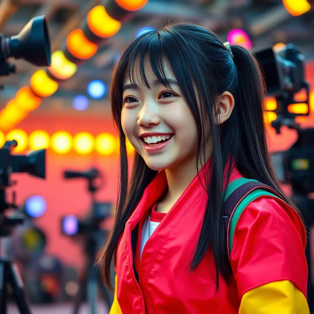 Dani Suzuki, a young Japanese girl, with long black hair, wearing bright colored fighters gear, laughing on a film set surrounded by colorful cameras and lights, vibrant atmosphere, child-friendly, digital art, cheerful