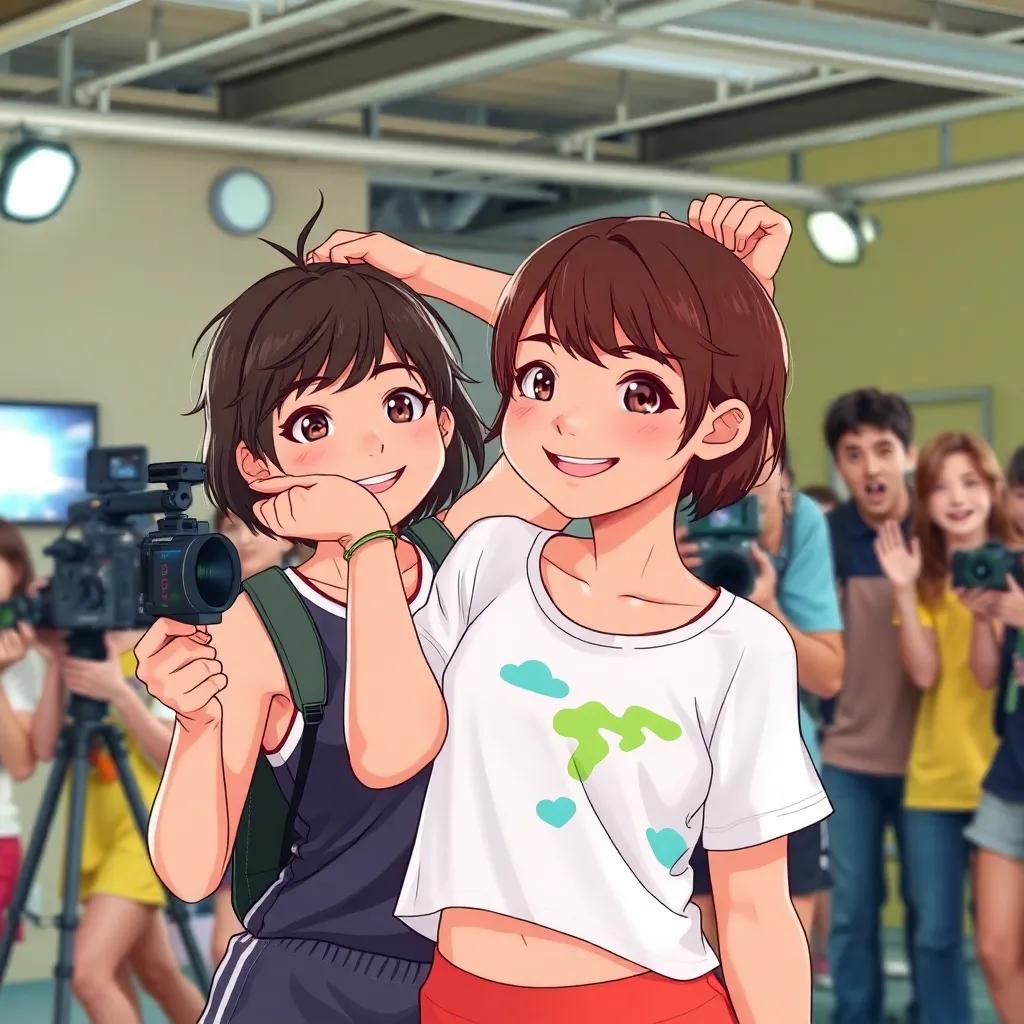 Ana Hikari, a young Brazilian girl, with short brown hair, wearing playful sportswear, playfully pulling Dani's hair in a lively filming set with friends cheering, energetic scene, digital illustration, fun and dynamic