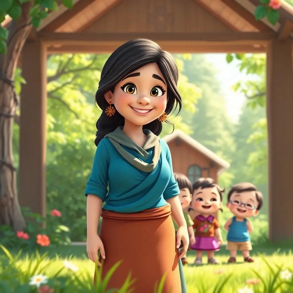 A brave mother named Maria with a warm smile, standing outside her small house near a bright green forest, surrounded by her three children, sunny day, cozy atmosphere, vibrant colors, child-friendly