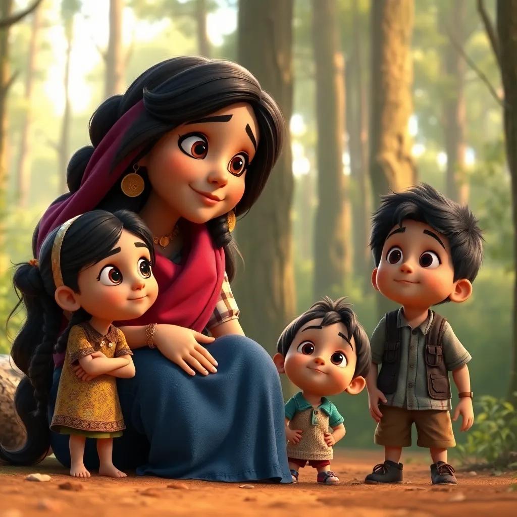 Maria telling her children, Ana, Pedro, and Lucas, to stay together while looking seriously at the woods, the children looking curious and excited, digital art, warm light, inviting scene, highly detailed