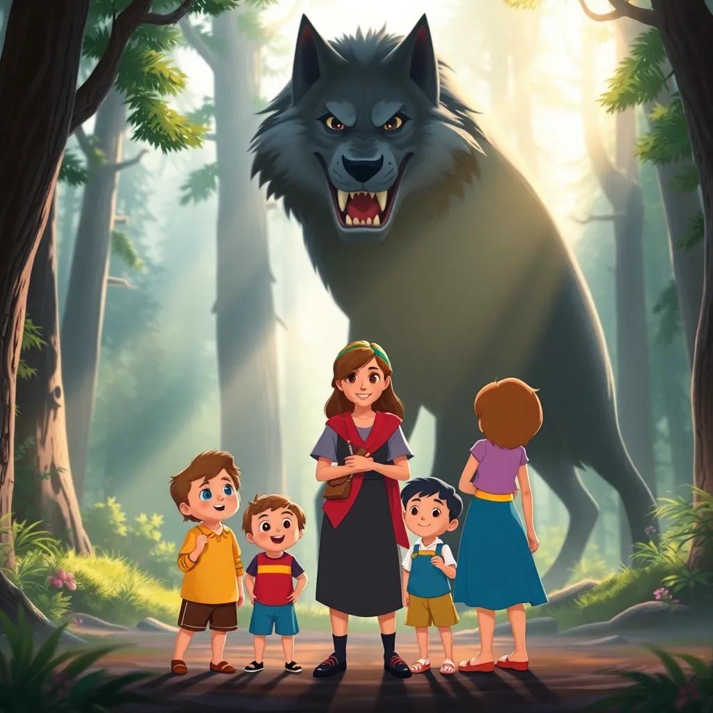The group facing the hungry wolf, Maria standing protectively in front of her children, the forest backdrop is filled with mystical trees and soft sunlight, illustration, tense yet friendly atmosphere, colorful and inviting