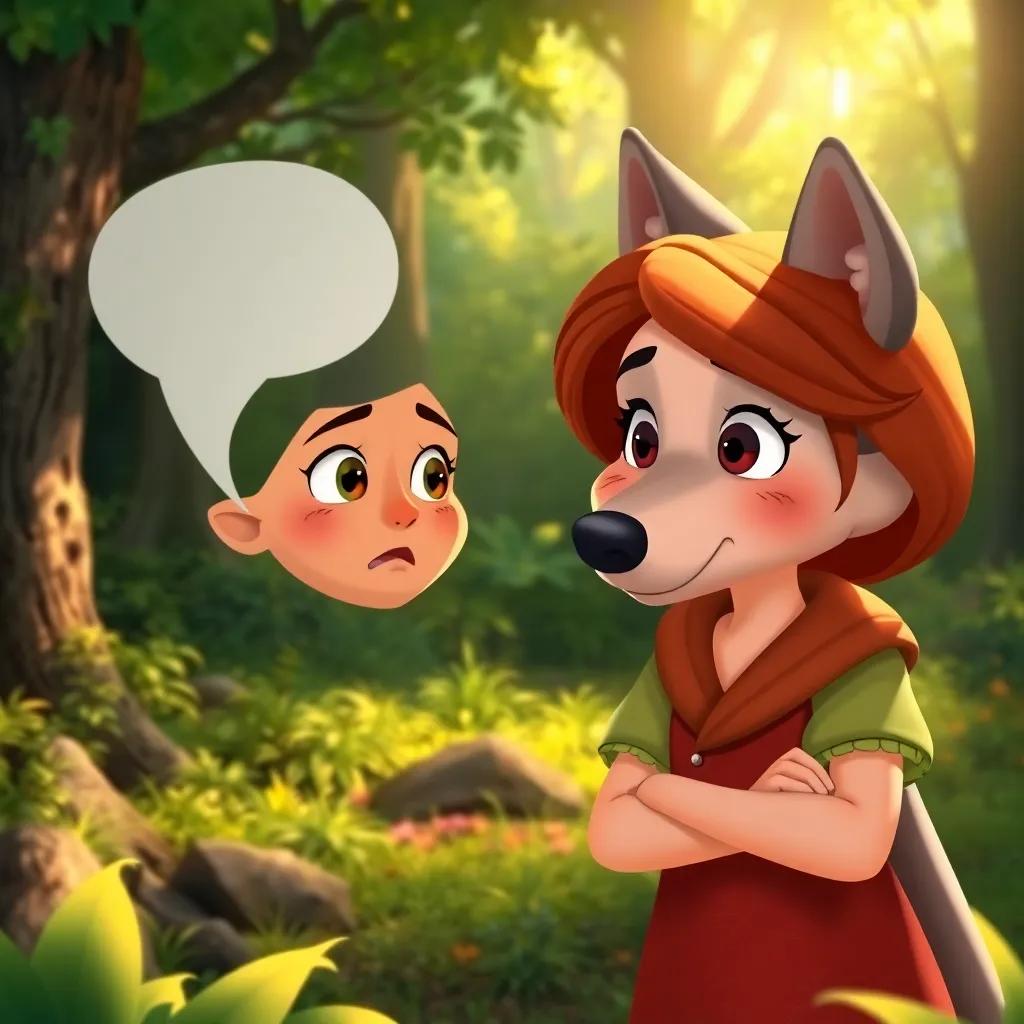 Maria speaking to the wolf with a brave expression, the wolf looking surprised and slightly frightened, lush green forest scenery, warm and inspiring light, illustration, engaging and child-friendly