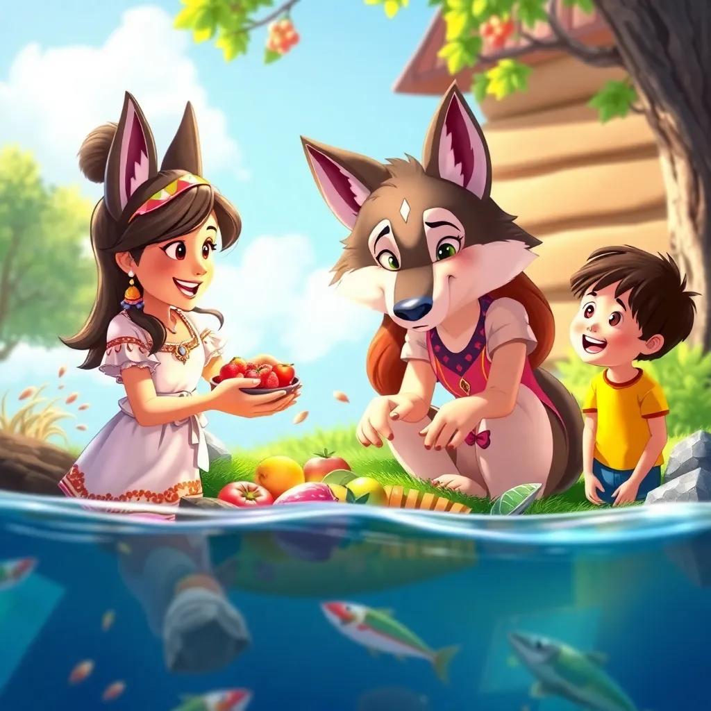Maria and the wolf working together to find food, picking fruits and catching fish, bright outdoor setting with laughter, the children watching with excitement, vibrant colors, cheerful and friendly atmosphere, high quality