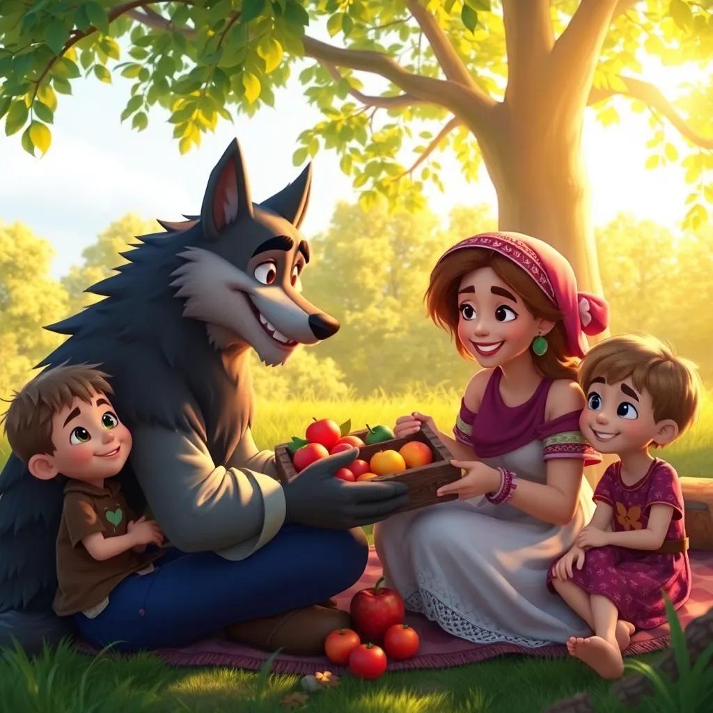 The wolf bringing fruit to the children and Maria, everyone smiling and looking happy, sitting down under a tree, picnic setting, warm sunlight filtering through leaves, heartwarming scene, digital art, vibrant colors