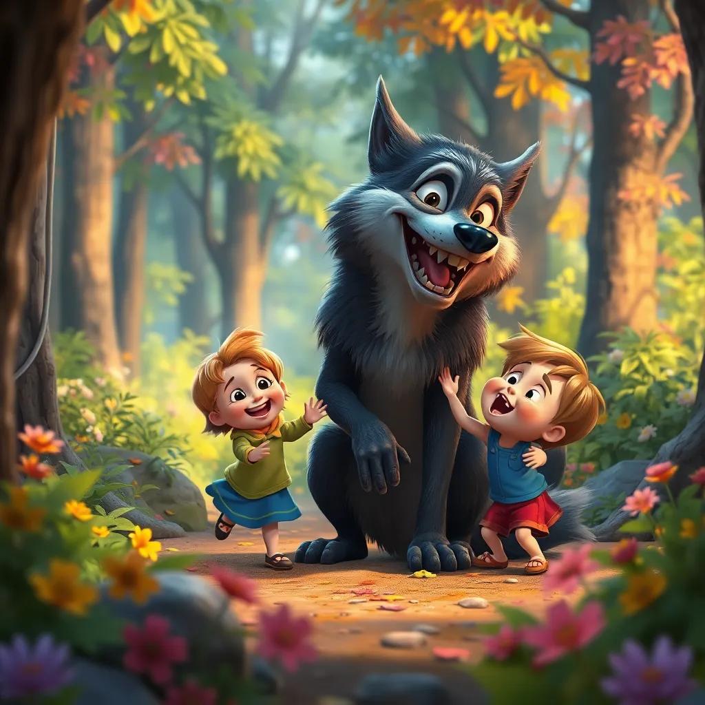 The once fearful wolf playing with the children in the forest, happy interactions, laughter and joy reflected in the environment, colorful foliage, enchanting atmosphere, lively and cheerful scene