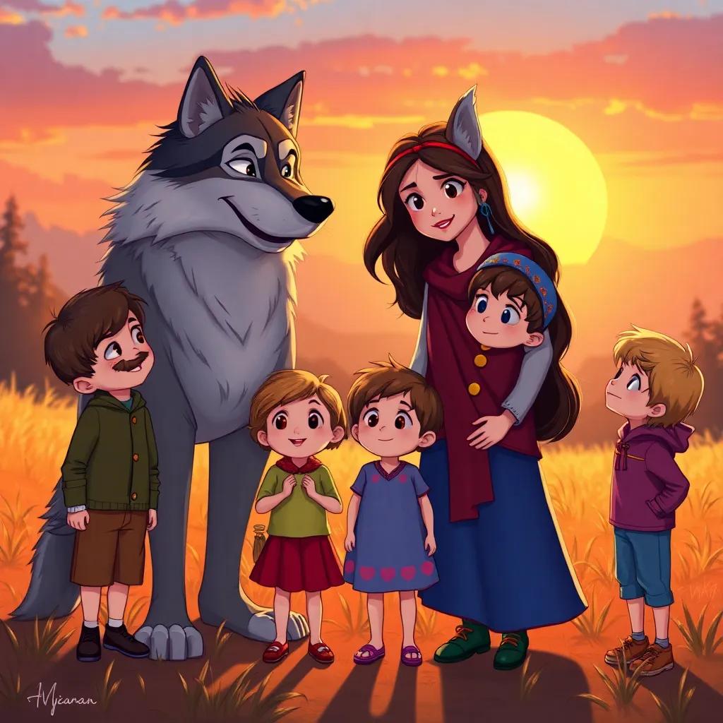 Maria and her children standing together with the wolf, all looking friends, the sun setting in the background with warm hues, a magical moment of friendship and bravery, artistic illustration, wholesome scene, high quality