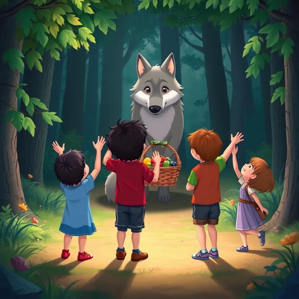 The children waving goodbye to the wolf, who is retreating into the forest with a basket of fruit, capturing the spirit of friendship and courage, soft lighting, colorful and engaging setting, inviting and heartwarming illustration