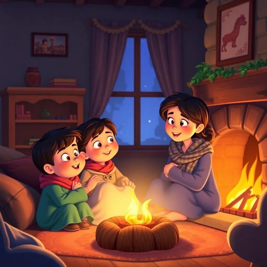 Maria, the brave mother, ending the day by telling her children about bravery, everyone cuddled up together by the fireplace in their cozy home, warm light, heartwarming moment, beautiful and child-friendly design