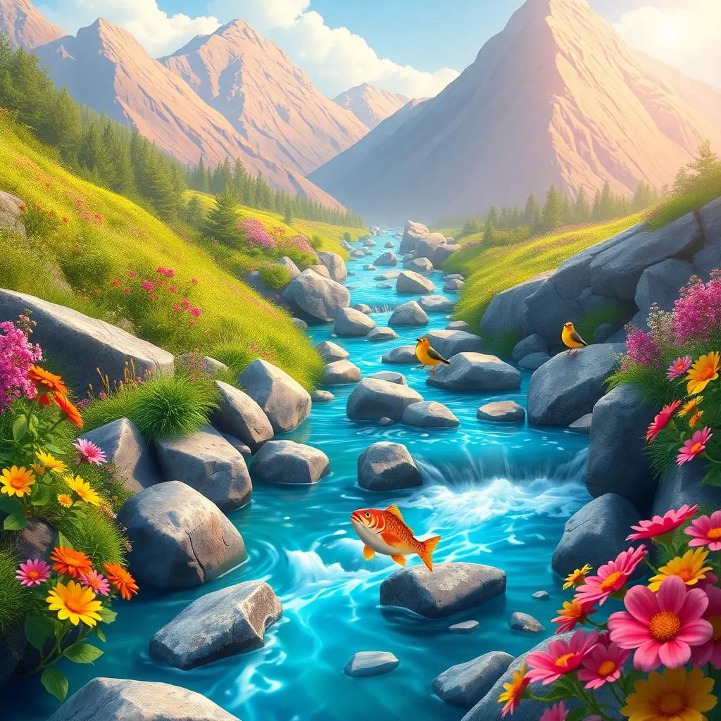 A joyful stream flowing down the mountains, dancing between stones and singing to fish, surrounded by colorful flowers and birds listening attentively, digital art, vibrant colors, cheerful atmosphere, high quality