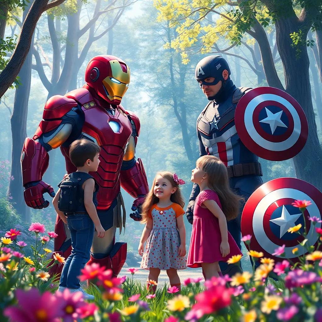Mia and her friends in a magical forest meeting Iron Man and Captain America, surrounded by trees and colorful flowers, magical atmosphere, fresh vibrant colors, excitement in the air, child-friendly art style
