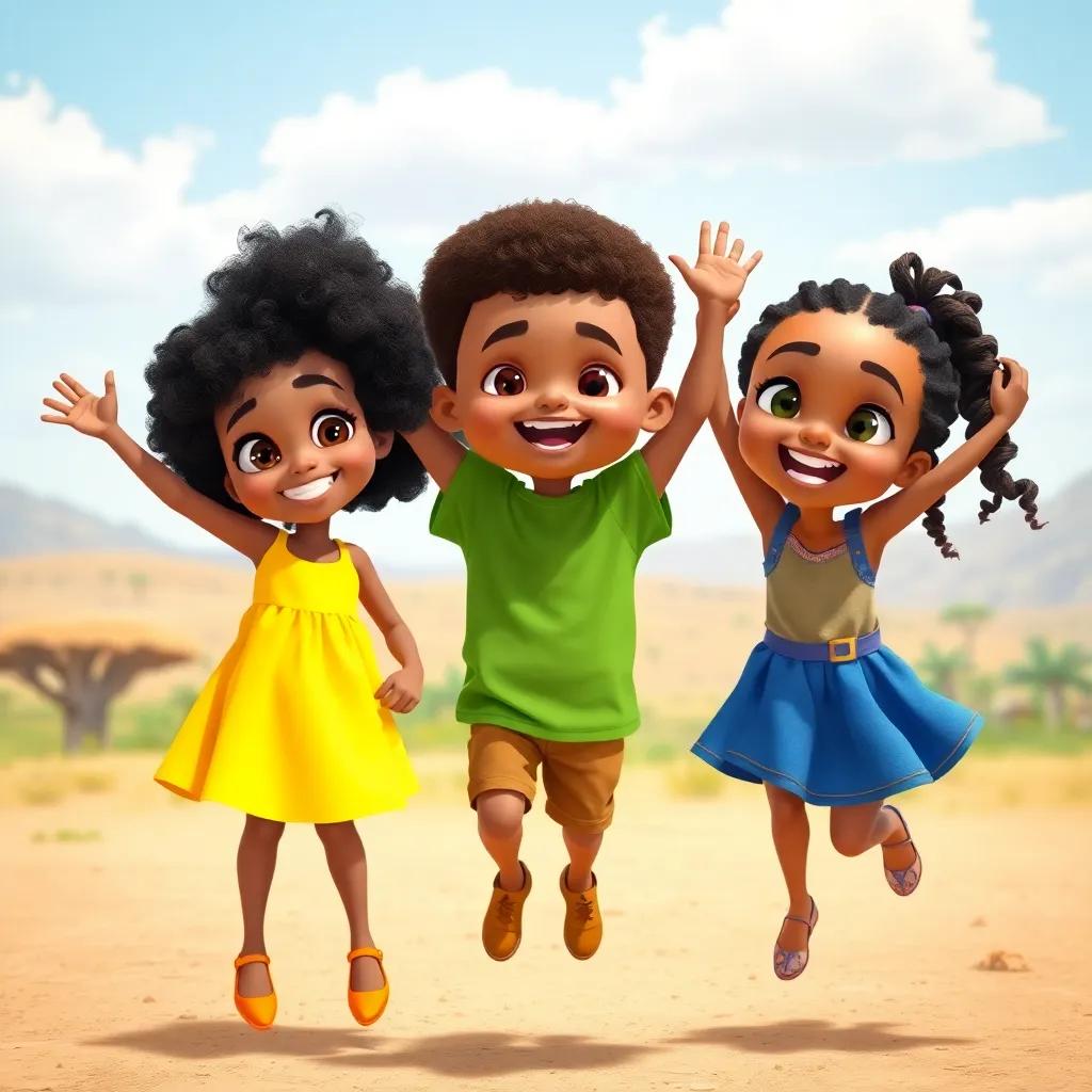 Three children standing together, Maya, a young girl with curly black hair wearing a sunny yellow dress, Ali, a boy with short brown hair in a green t-shirt, and Nia, a girl with braided hair in a blue skirt, excitedly jumping with a backdrop of an African landscape, bright sunny day, vibrant colors, cheerful atmosphere, digital art, child-friendly, high quality