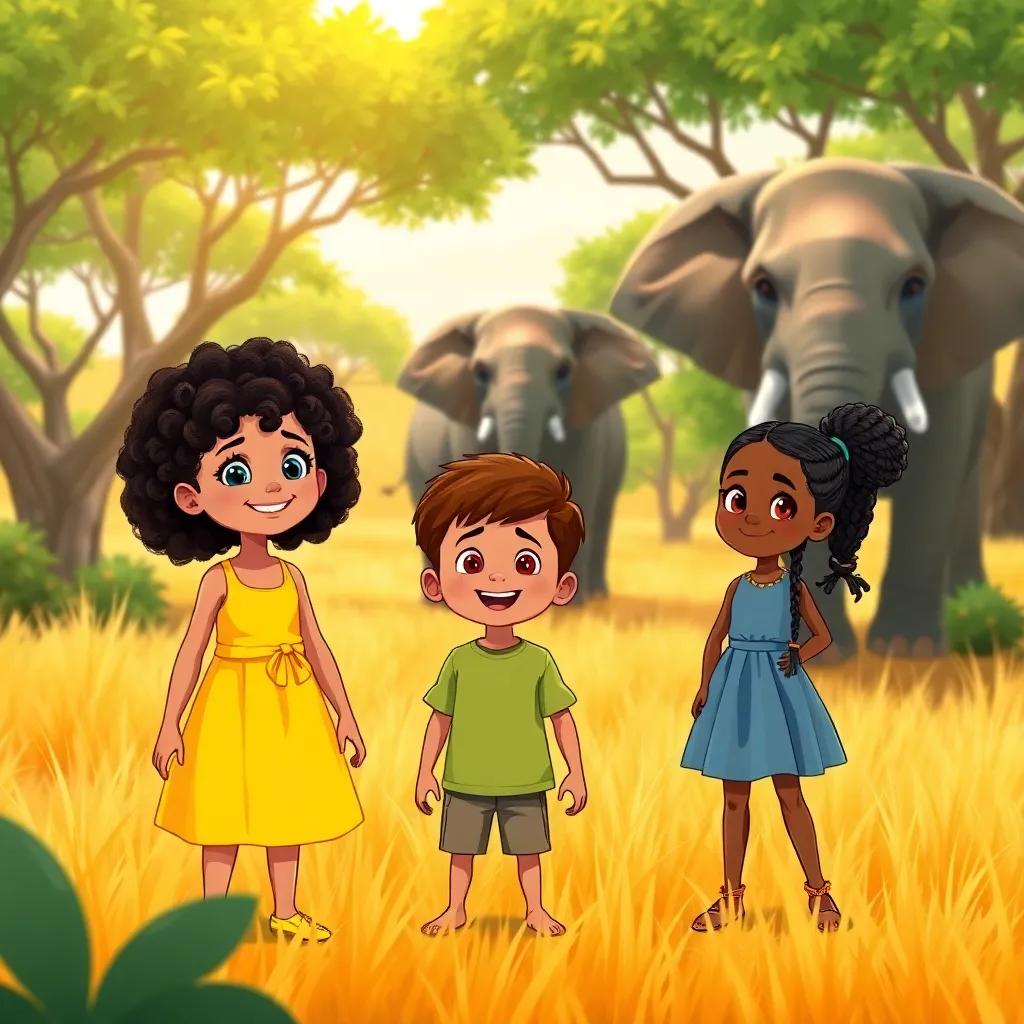 Three children - Maya, a young girl with curly black hair in a sunny yellow dress, Ali, a boy with short brown hair in a green t-shirt, and Nia, a girl with braided hair in a blue skirt, standing on a golden savannah, surprised by an elephant among green trees, joyful expressions, warm sunlight, adventure feeling, illustration, child-friendly, vivid colors