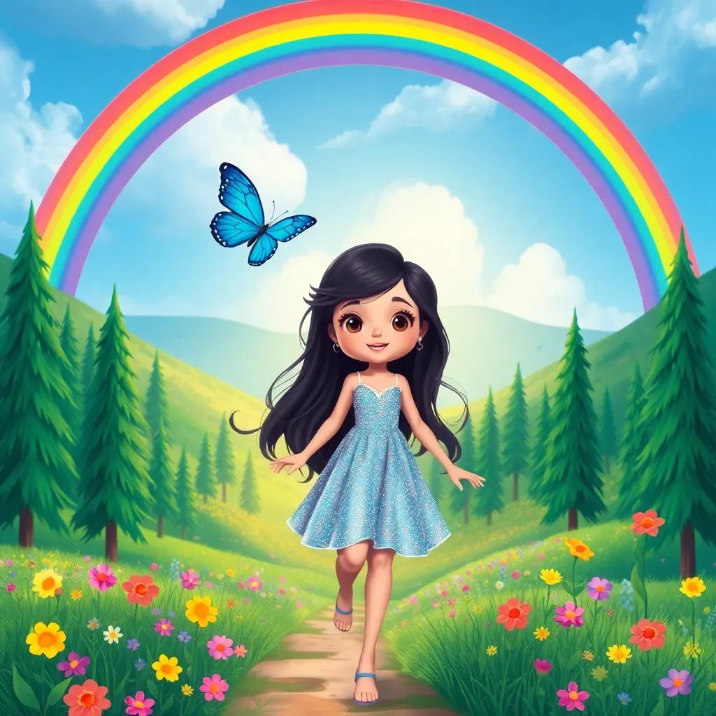 Lívia, a beautiful girl with long dark hair in a sparkling dress, following a blue butterfly through a colorful rainbow arch above a valley filled with dancing flowers and tall trees, fantasy illustration, joyful, bright colors, child-friendly, high quality