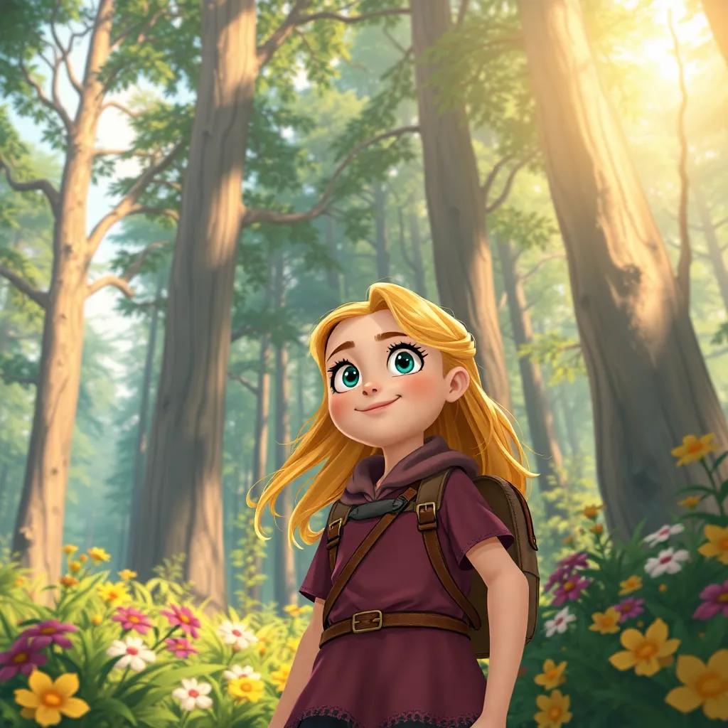 A courageous girl, Lúcia, with golden hair and bright eyes, exploring a vibrant forest filled with tall trees and colorful flowers, cheerful atmosphere, detailed illustration, high quality