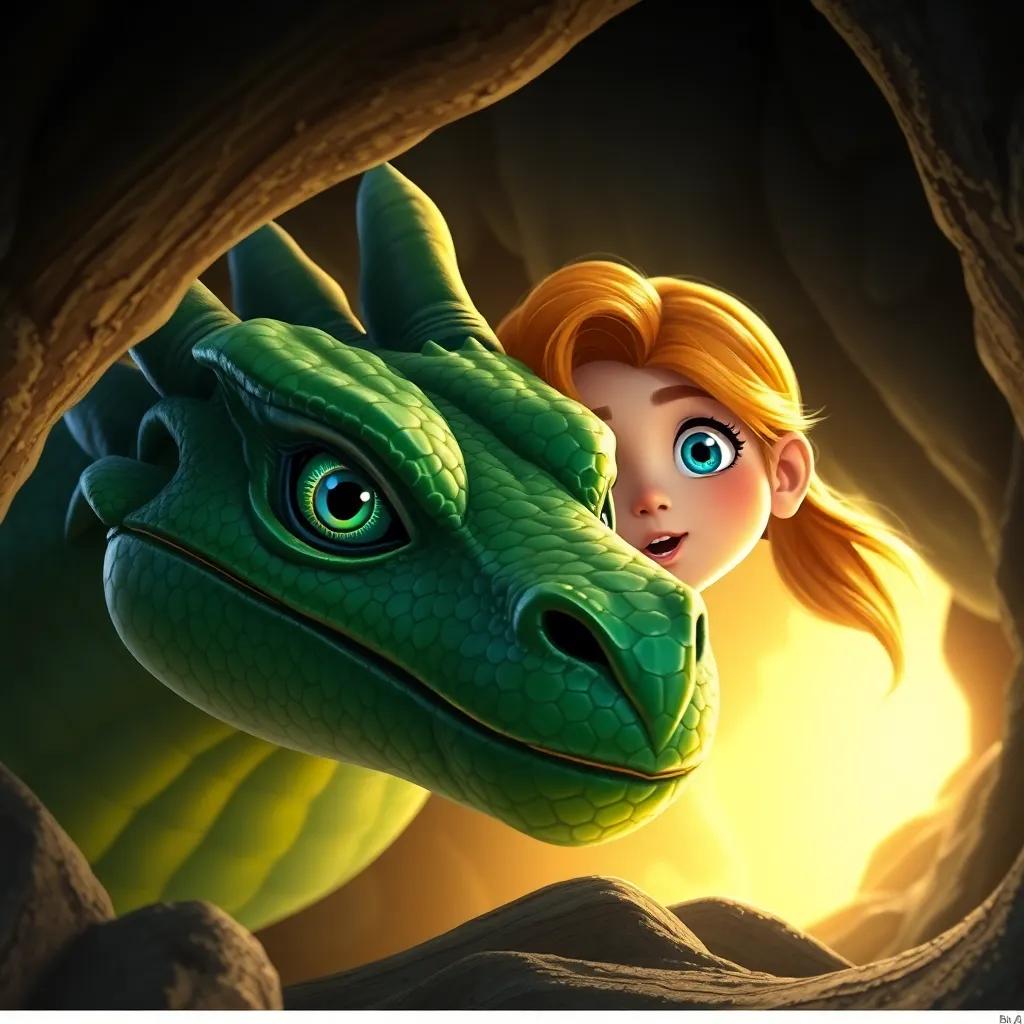 Lúcia, a courageous girl with golden hair and bright eyes, discovering a huge green dragon, Draco, with shiny scales and blue eyes inside a cave, amazed expression, digital art, enchanting, warm light