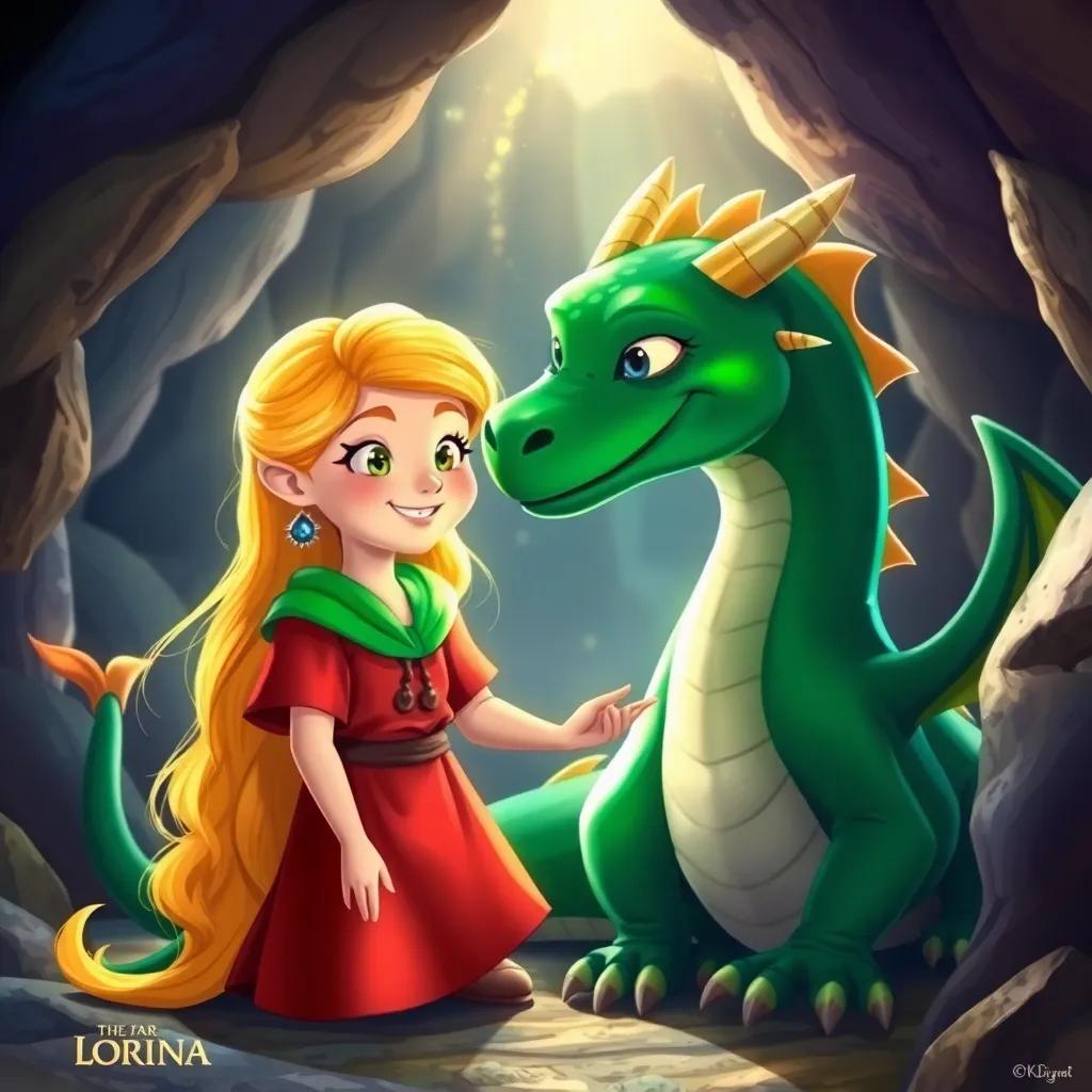 Lúcia, a courageous girl with golden hair, and Draco, the green dragon, smiling and becoming friends in the cave, with a magical aura around them, heartwarming scene, fantasy illustration, vibrant colors
